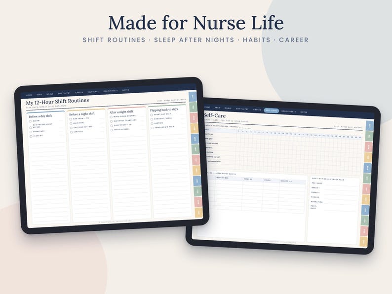 May include: Two digital tablets displaying a nurse planner interface. The screens show organized checklists for 12-hour shift routines, including sections for day shifts, night shifts, and self-care habit trackers with colorful side navigation tabs.