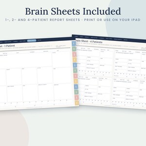 May include: Two digital patient report templates titled Brain Sheets. One sheet is for a single patient, and the other is for four patients. Both feature organized sections for medical data, checkboxes, and colorful side tabs for navigation.