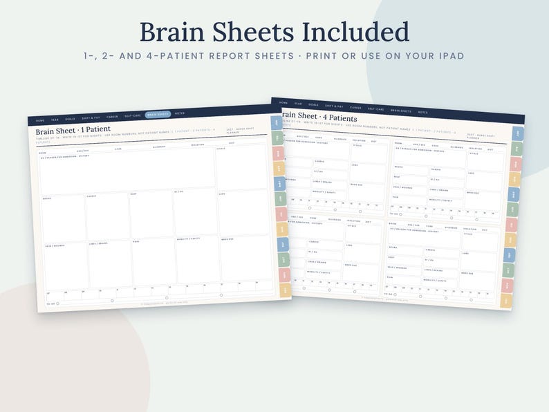 May include: Two digital patient report templates titled Brain Sheets. One sheet is for a single patient, and the other is for four patients. Both feature organized sections for medical data, checkboxes, and colorful side tabs for navigation.