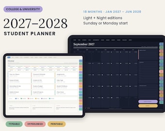May include: A 2027-2028 student planner for college and university, featuring 18 months from January 2027 to June 2028. The digital planner includes light and night editions with Sunday or Monday start options, displayed on two tablet screens with hyperlinked tabs.