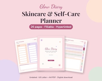May include: A digital Glow Diary Skincare & Self-Care Planner featuring 26 fillable and hyperlinked pages. The planner includes an AM-PM routine page, a monthly habit tracker, and a cover page with floral accents, available as a digital download.