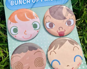 Bunch of Friends Button Collection (58mm) – Anthony, Hanbon, Coy Piso & Will – 4‑Pack