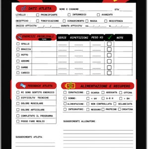 Könnte beinhalten: Eine digitale Trainingsplan-Vorlage mit dem Titel SCHEDA ALLENAMENTO INDIVIDUALE - PALESTRA. Das weiße Formular enthält rote Überschriften, schwarzen Text und Kontrollkästchen zur Erfassung von Athletendaten, Übungen, Sätzen und Erholung.