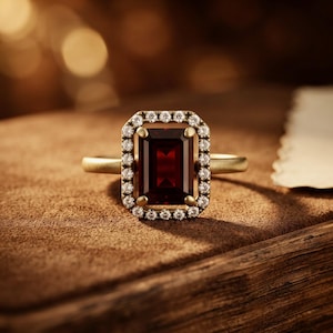 Op de afbeelding: Een gouden ring met een rechthoekige, smaragdgeslepen dieprode granaat in het midden, omringd door een halo van kleine ronde witte diamanten in een rechthoekige zetting met een gladde, mat afgewerkte gouden band.