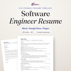 May include: A digital resume template for a software engineer featuring the Glyphary logo, the text ATS-FRIENDLY RESUME TEMPLATE, Software Engineer Resume, Word, Google Docs, Pages, US Letter + A4, and Instant download.