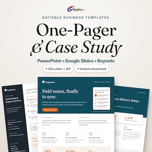 May include: Editable business templates for one-pagers and case studies compatible with PowerPoint, Google Slides, and Keynote. Includes US Letter and A4 sizes. The design features dark teal and white layouts with text about field teams.