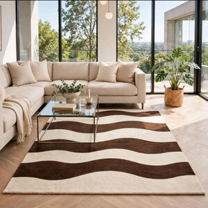 Modern Abstract Wave Rug, Rectangular Brown and Cream Hand-Tufted Area Rug, Medium Pile Minimalist Geometric Carpet, Contemporary Home Decor
