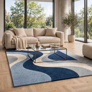 Rectangular Navy Blue and Gray Abstract Rug, Hand-Tufted Wool Area Rug with Ivory Wavy Pattern, Modern Geometric Carpet for Living Room