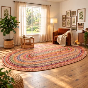 May include: An oval-shaped area rug featuring a braided construction with a multi-colored pattern of red, orange, yellow, green, blue, and purple fibers. The rug is laid flat on a wooden floor, showcasing a concentric design that radiates outward.