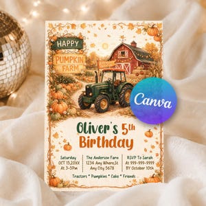 Op de afbeelding: Een rechthoekige verjaardagsuitnodigingskaart met een groene tractor, een rode schuur en oranje pompoenen. De tekst luidt Happy Pumpkin Farm, Oliver's 5th Birthday, Saturday Oct 15, 20XX, The Anderson Farm, 1234 Any Where, St Any City 5678, RSVP to Sarah.