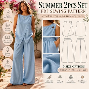 May include: A digital PDF sewing pattern for a summer two-piece set featuring a sleeveless wrap top and wide-leg pants. The set is light blue and includes technical line drawings, size options from XXS to XXL, and instructions.