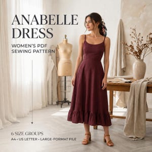 Anabelle Dress Sewing Pattern PDF, Basic Midi Dress, Easy Summer Dress, Wedding Dress Sewing Project, Gathered Ruffle Skirt, Beginner Sewing
