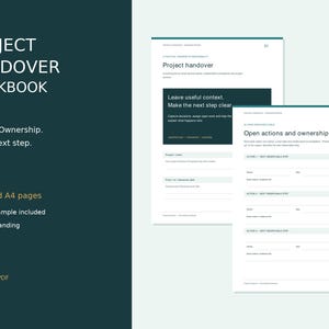 Può includere: Un quaderno di lavoro per il passaggio di consegne di un progetto composto da 12 pagine A4 guidate in formato PDF stampabile. Il documento include sezioni per il contesto del progetto, la proprietà e i passaggi successivi, con un esempio incluso.