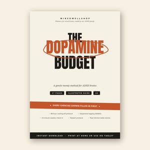 May include: A digital planner titled The Dopamine Budget with a cream background, black text, and orange accents. It includes 27 pages, an illustrated guide, and A4 sizing. Features include a 48-hour cooling-off protocol and dopamine tagging.