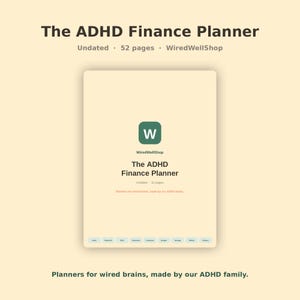 May include: A digital planner titled The ADHD Finance Planner with 52 undated pages from WiredWellShop. The cover features a green square icon with a white W, the shop name, and a row of light blue navigation tabs labeled Index, Payment, Bills, Expense, Cashflow, Budget, Savings, Reflect, and Stickers.