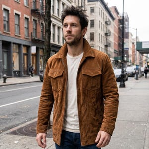 May include: A brown suede jacket featuring a pointed collar, a full-length front zipper, and two chest pockets with flaps. The jacket is worn over a plain white t-shirt and dark blue denim jeans, showcasing a structured fit and long sleeves.