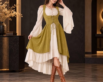 Kvinnors Boho Maxiklänning Korsett Midja Layered Kjol Bell Ärmar Romantisk Casual Festival Outfit