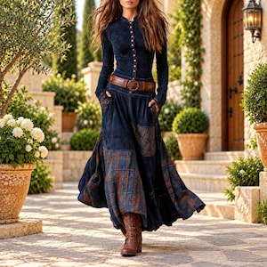 Könnte beinhalten: Ein langärmeliges, dunkelblaues Oberteil mit Knopfleiste und ein dazu passender langer Rock mit einem Patchwork-Design aus blau-braunem Karostoff. Das Outfit wird durch einen breiten braunen Ledergürtel mit runder Schnalle und braune Schnürstiefel ergänzt.