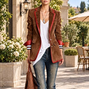 May include: A brown suede blazer featuring red leather trim along the lapels and cuffs, worn over a white v-neck top and blue denim jeans. The blazer has two silver buttons, and the cuffs are turned up to reveal a white, navy, and red striped lining.