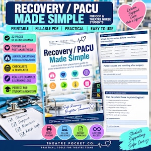 May include: A Recovery/PACU Made Simple workbook for theatre students featuring 22 pages of guidance, checklists, and templates. The cover displays icons for airway, breathing, circulation, consciousness, pain, PONV, temperature, and handover.