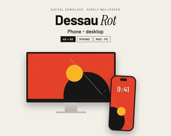 May include: A digital wallpaper set titled Dessau Rot featuring a red background with a black circle, a yellow circle, and a thin white diagonal line. The design is displayed on a computer monitor and a smartphone screen with 4K, 5K, iPhone, Mac, and PC labels.