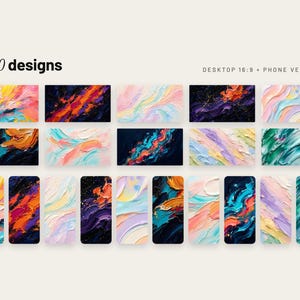 May include: A collection of 10 digital wallpaper designs featuring thick, textured impasto oil paint strokes in various color palettes, including vibrant blues, oranges, pinks, and deep purples. The text "All 10 designs" and "DESKTOP 16:9 + PHONE VERSIONS" is visible.