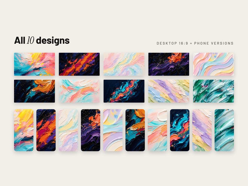 May include: A collection of 10 digital wallpaper designs featuring thick, textured impasto oil paint strokes in various color palettes, including vibrant blues, oranges, pinks, and deep purples. The text "All 10 designs" and "DESKTOP 16:9 + PHONE VERSIONS" is visible.