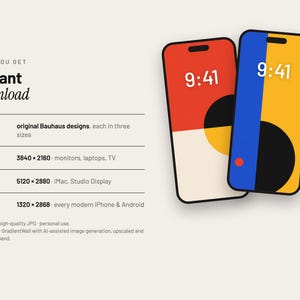 May include: Two smartphones displaying abstract geometric wallpaper designs. The left screen features red, black, and cream shapes. The right screen shows blue, yellow, and black circles. Text includes 'Instant download', '6 original Bauhaus designs', and resolution specs.