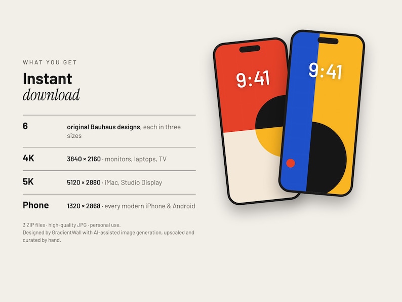May include: Two smartphones displaying abstract geometric wallpaper designs. The left screen features red, black, and cream shapes. The right screen shows blue, yellow, and black circles. Text includes 'Instant download', '6 original Bauhaus designs', and resolution specs.