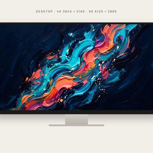 May include: A computer monitor with a thin black frame and a silver stand displaying an abstract digital painting of swirling blue, orange, and pink paint strokes against a dark background. The text DESKTOP 4K 3840 2160 5K 5120 2880 is visible.