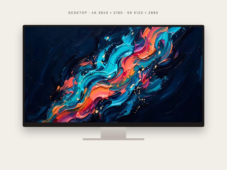 May include: A computer monitor with a thin black frame and a silver stand displaying an abstract digital painting of swirling blue, orange, and pink paint strokes against a dark background. The text DESKTOP 4K 3840 2160 5K 5120 2880 is visible.