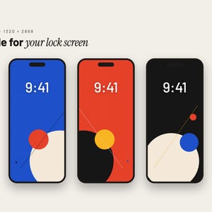 May include: Three smartphones displaying lock screens with abstract geometric designs. The screens show the time 9:41, with blue, red, and black backgrounds featuring circles and thin diagonal lines. Text at the top reads PHONE 1320 x 2868 Made for your lock screen.