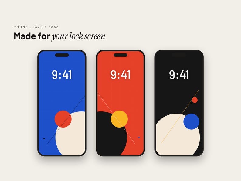 May include: Three smartphones displaying lock screens with abstract geometric designs. The screens show the time 9:41, with blue, red, and black backgrounds featuring circles and thin diagonal lines. Text at the top reads PHONE 1320 x 2868 Made for your lock screen.