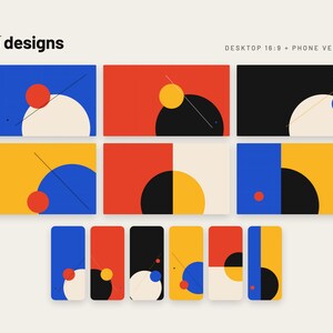 May include: A collection of six digital graphic designs in desktop 16:9 and phone aspect ratios. The artwork features geometric compositions with circles, lines, and solid blocks of blue, red, yellow, black, and cream colors with text All 6 designs.