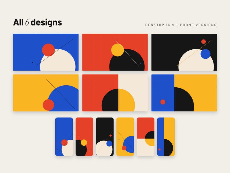 May include: A collection of six digital graphic designs in desktop 16:9 and phone aspect ratios. The artwork features geometric compositions with circles, lines, and solid blocks of blue, red, yellow, black, and cream colors with text All 6 designs.