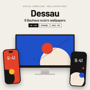 May include: A digital download wallpaper pack titled Dessau featuring 6 Bauhaus modern wallpapers for iPhone, Mac, and PC. The image displays a computer monitor and two smartphones showing abstract geometric designs in blue, red, and cream colors.
