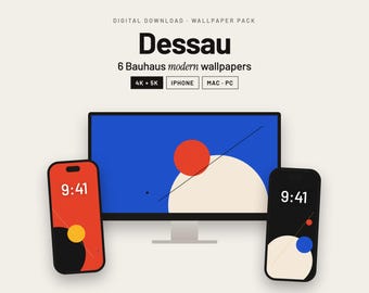 May include: A digital download wallpaper pack titled Dessau featuring 6 Bauhaus modern wallpapers for iPhone, Mac, and PC. The image displays a computer monitor and two smartphones showing abstract geometric designs in blue, red, and cream colors.