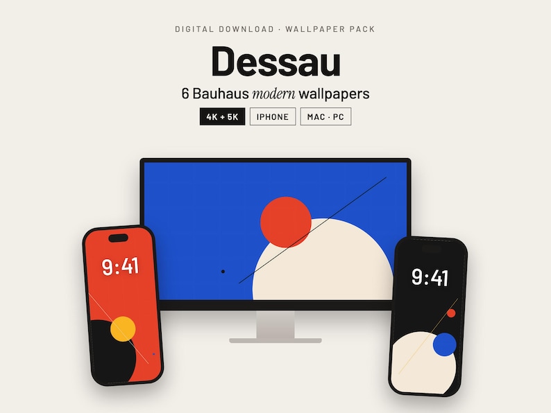 May include: A digital download wallpaper pack titled Dessau featuring 6 Bauhaus modern wallpapers for iPhone, Mac, and PC. The image displays a computer monitor and two smartphones showing abstract geometric designs in blue, red, and cream colors.