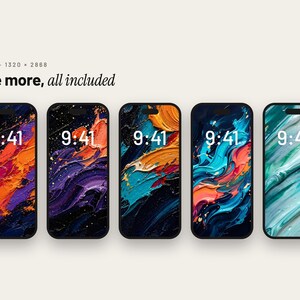 May include: Five smartphones displayed in a row, each featuring a unique abstract oil painting wallpaper with thick, textured brushstrokes in vibrant colors like orange, purple, teal, and blue. Each screen displays the time 9:41. Text reads: Five more, all included.