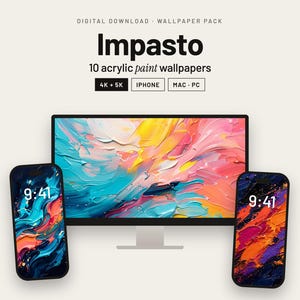 May include: A digital wallpaper pack titled Impasto featuring 10 acrylic paint designs for desktop and mobile devices. The display shows a computer monitor and two smartphones with colorful, textured abstract paint strokes in blue, pink, and orange.