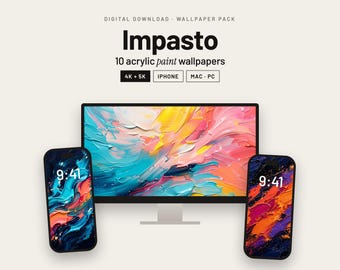 May include: A digital wallpaper pack titled Impasto featuring 10 acrylic paint designs for desktop and mobile devices. The display shows a computer monitor and two smartphones with colourful, textured abstract paint strokes in blue, pink, and orange.