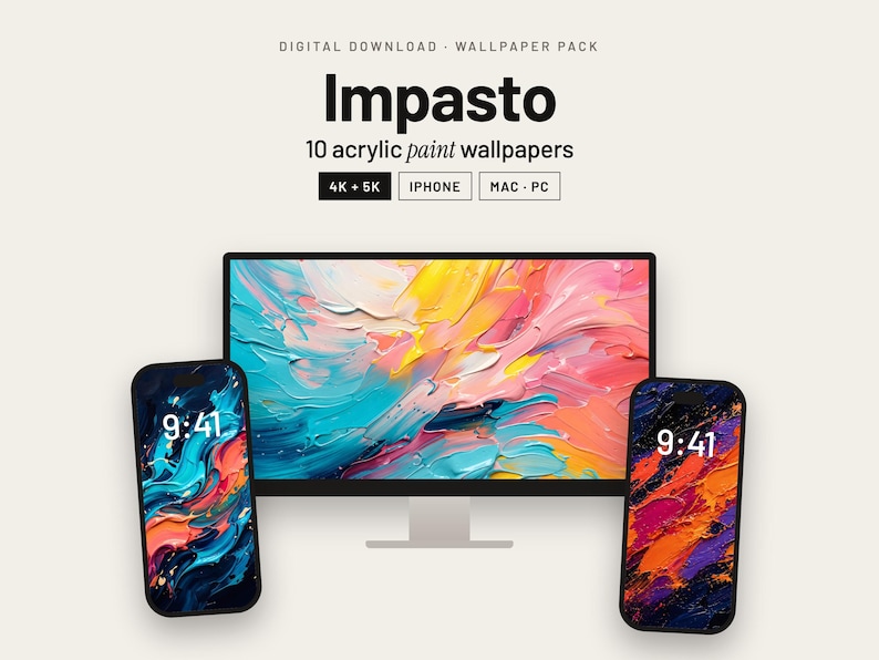 May include: A digital wallpaper pack titled Impasto featuring 10 acrylic paint designs for desktop and mobile devices. The display shows a computer monitor and two smartphones with colorful, textured abstract paint strokes in blue, pink, and orange.