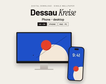 May include: A digital wallpaper set titled Dessau Kreise featuring a blue background with a red circle, a large cream-coloured circle, and a thin black diagonal line. The set includes files for phone and desktop in 4K and 5K resolutions.