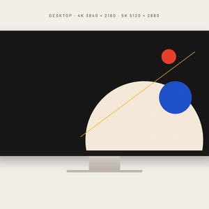 May include: A computer monitor displaying a black screen with a large beige semicircle, a solid blue circle, a smaller red circle, and a thin yellow diagonal line. Text at the top reads: DESKTOP 4K 3840 x 2160 5K 5120 x 2880.