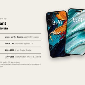 May include: Two smartphones displaying abstract acrylic paint wallpapers with vibrant orange, blue, and teal textures. Text on the left lists: WHAT YOU GET Instant download, 10 unique acrylic designs, 4K 3840x2160, 5K 5120x2880, and Phone 1320x2868.