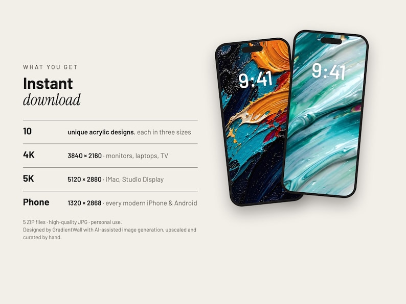 May include: Two smartphones displaying abstract acrylic paint wallpapers with vibrant orange, blue, and teal textures. Text on the left lists: WHAT YOU GET Instant download, 10 unique acrylic designs, 4K 3840x2160, 5K 5120x2880, and Phone 1320x2868.