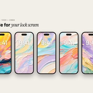 May include: Five smartphones displayed in a row, each featuring a unique digital wallpaper with thick, textured impasto-style oil paint strokes in pastel and vibrant color palettes. The screens display the time 9:41 and the text Made for your lock screen.