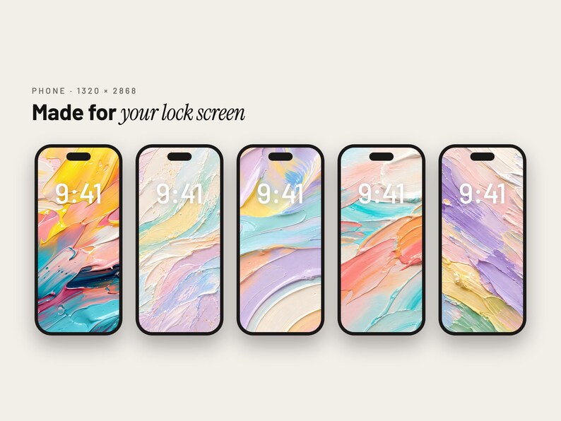 May include: Five smartphones displayed in a row, each featuring a unique digital wallpaper with thick, textured impasto-style oil paint strokes in pastel and vibrant color palettes. The screens display the time 9:41 and the text Made for your lock screen.