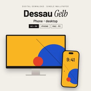 May include: A digital wallpaper titled Dessau Gelb featuring a yellow background with a large blue circle, a smaller red circle, and a thin black diagonal line. The design is displayed on a computer monitor and a smartphone screen with the time 9:41.