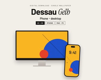 May include: A digital wallpaper titled Dessau Gelb featuring a yellow background with a large blue circle, a smaller red circle, and a thin black diagonal line. The design is displayed on a computer monitor and a smartphone screen with the time 9:41.